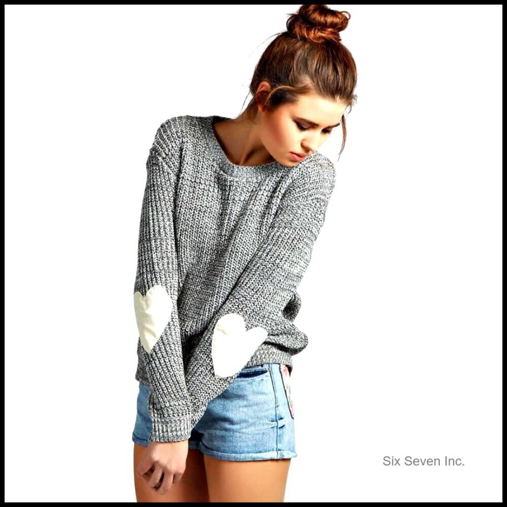 Cute Heart Pattern Elbow Patchwork Knitted Pullover Sweater Long Sleeve Crew